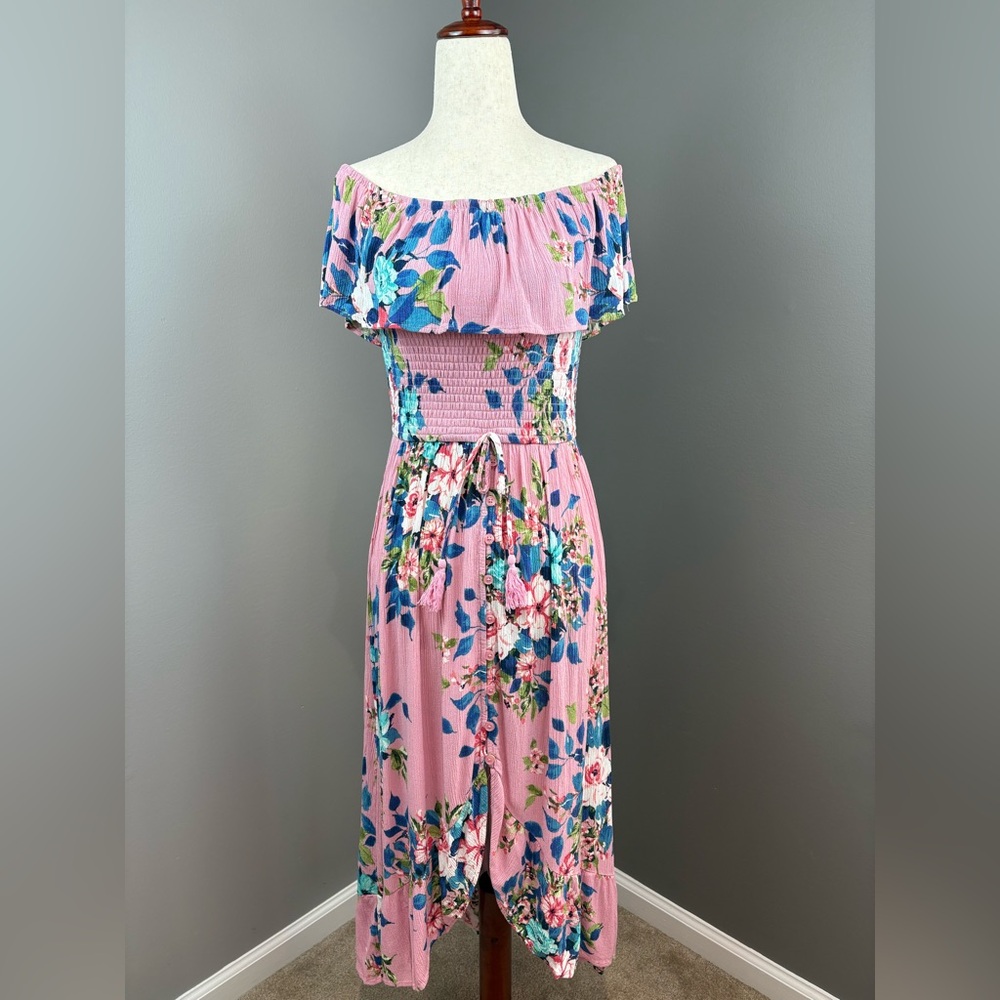 Coconut Girl Summer Dress Size XS Pink Smocked Waist Off On Shoulder Xhiliration